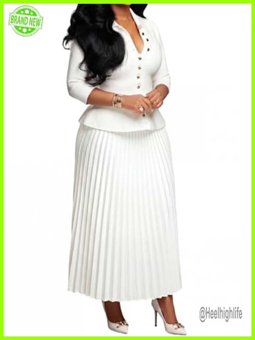 Women 2 Piece Pleated Maxi Skirt Set 3/4 Sleeve Button Top Semi Formal
